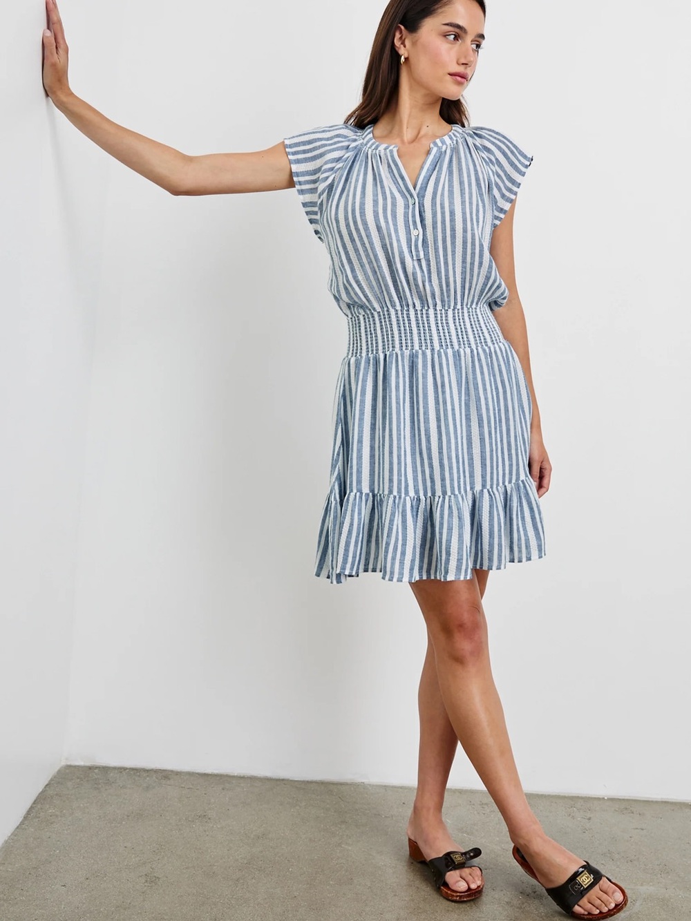 Rails NWT Blue and White Striped Smocked-Waist Midi Dress